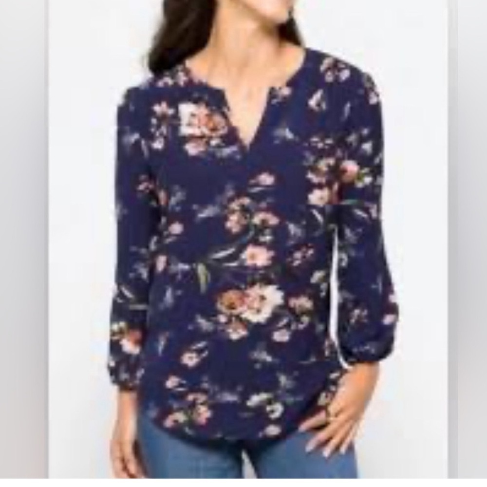 Fun2Fun Navy Blue Floral V Neck Blouse Small - Picture 6 of 6